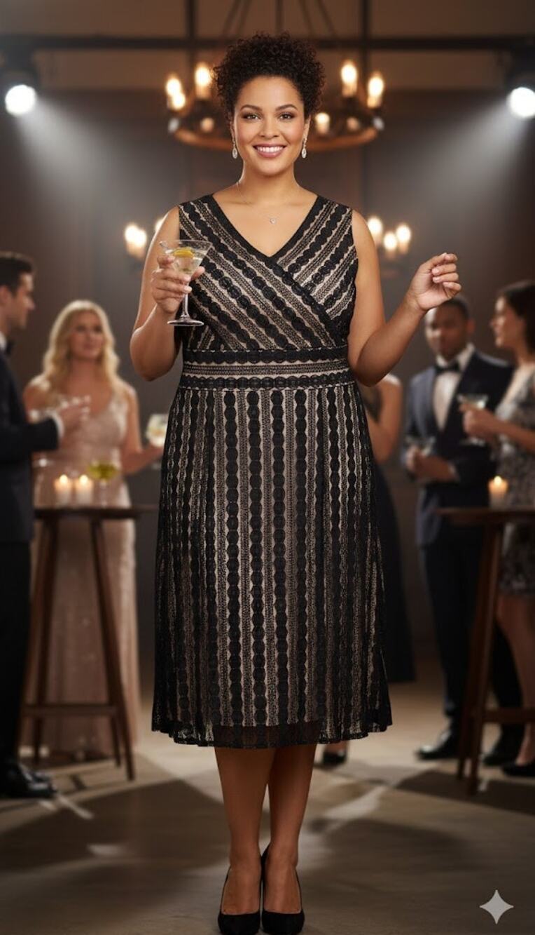 Signature Harper Black Lace Cocktail Dress 18WNude Lining Midi Wedding Guest EUC